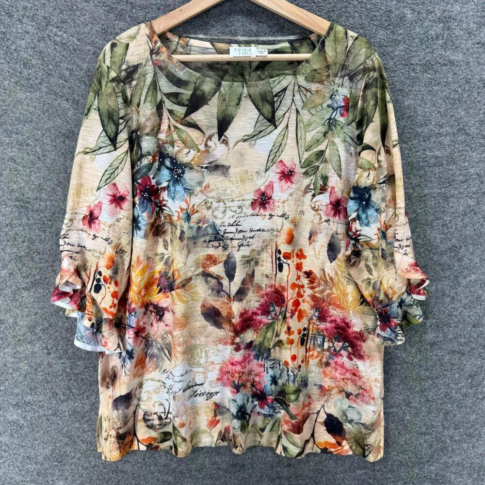 New Time And Tru Blouse Women XL Beige Floral 3/4 Sleeve Round Neck Casual
